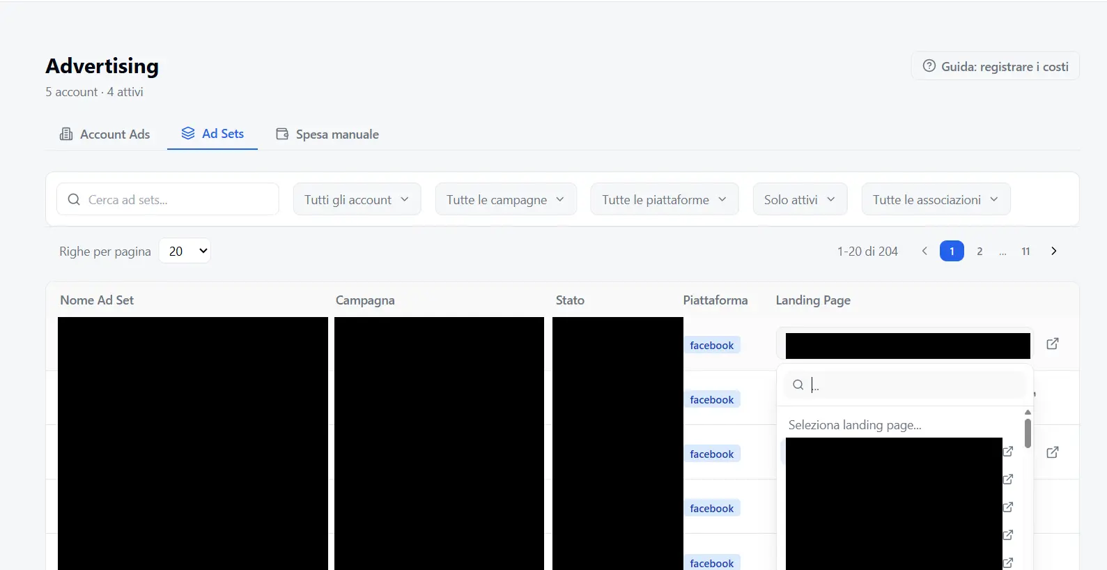 The Ad Sets tab: the «Landing Page» column with the menu to associate the landing to each ad set