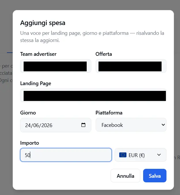 The «Add spend» form: Landing Page, Day, Platform, Amount
