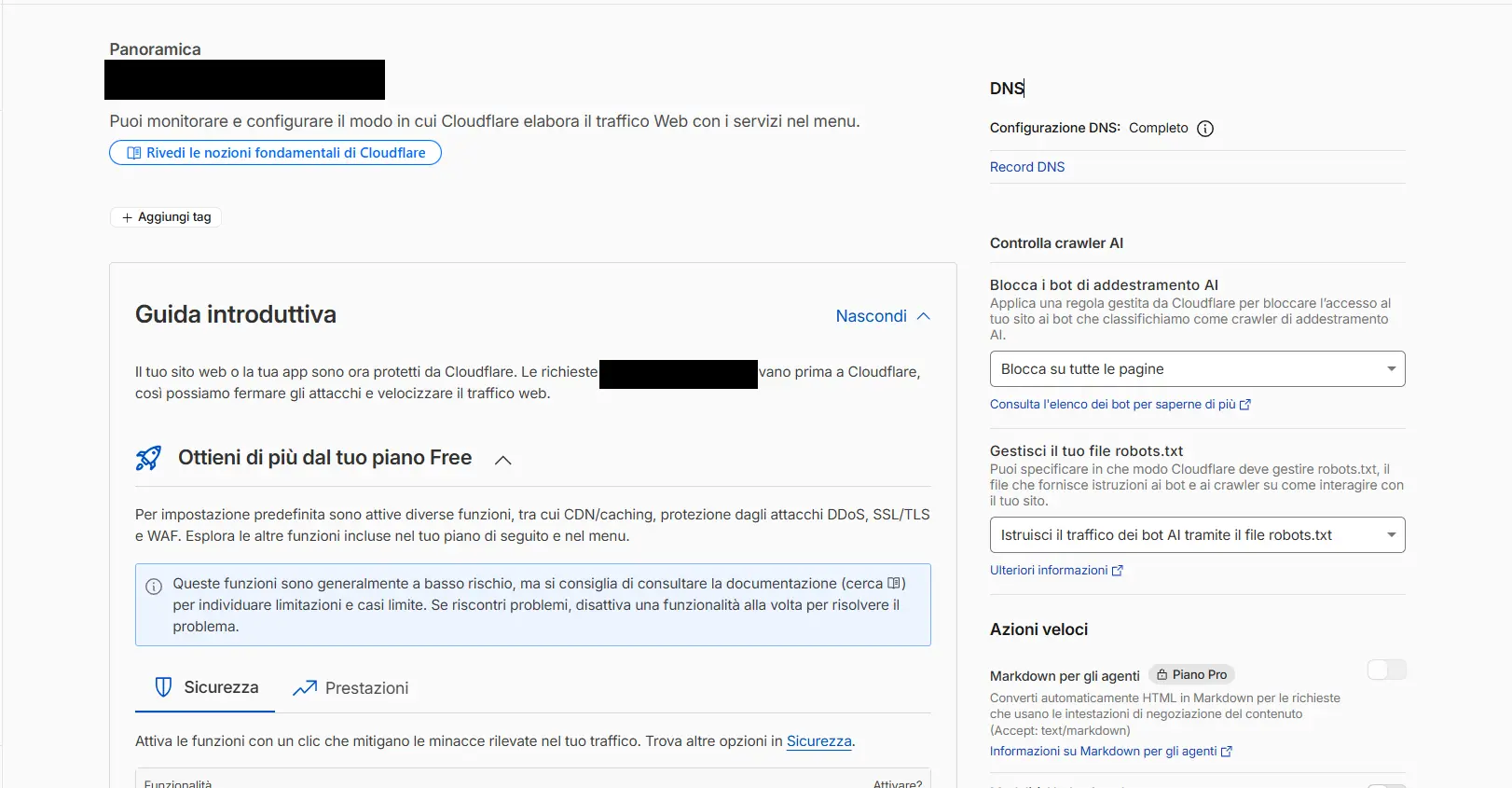 The domain Overview page on Cloudflare: "now protected by Cloudflare" = active domain