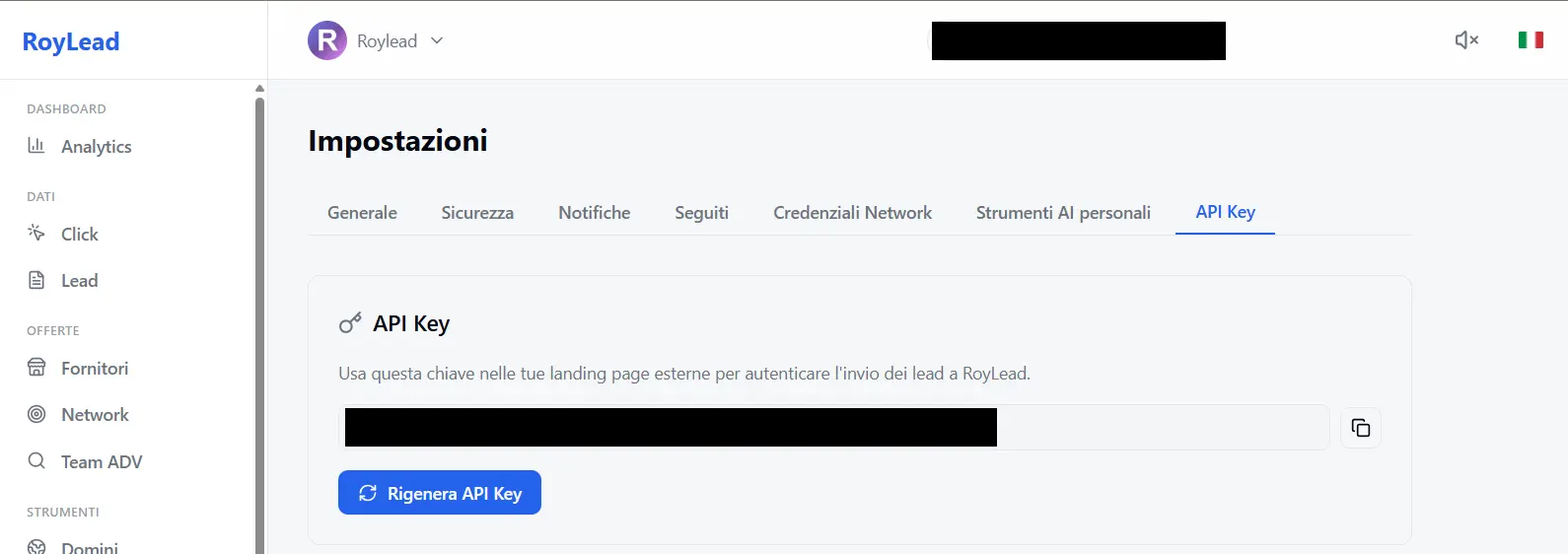 Settings → API Key: copy the key with the icon next to it, or regenerate it