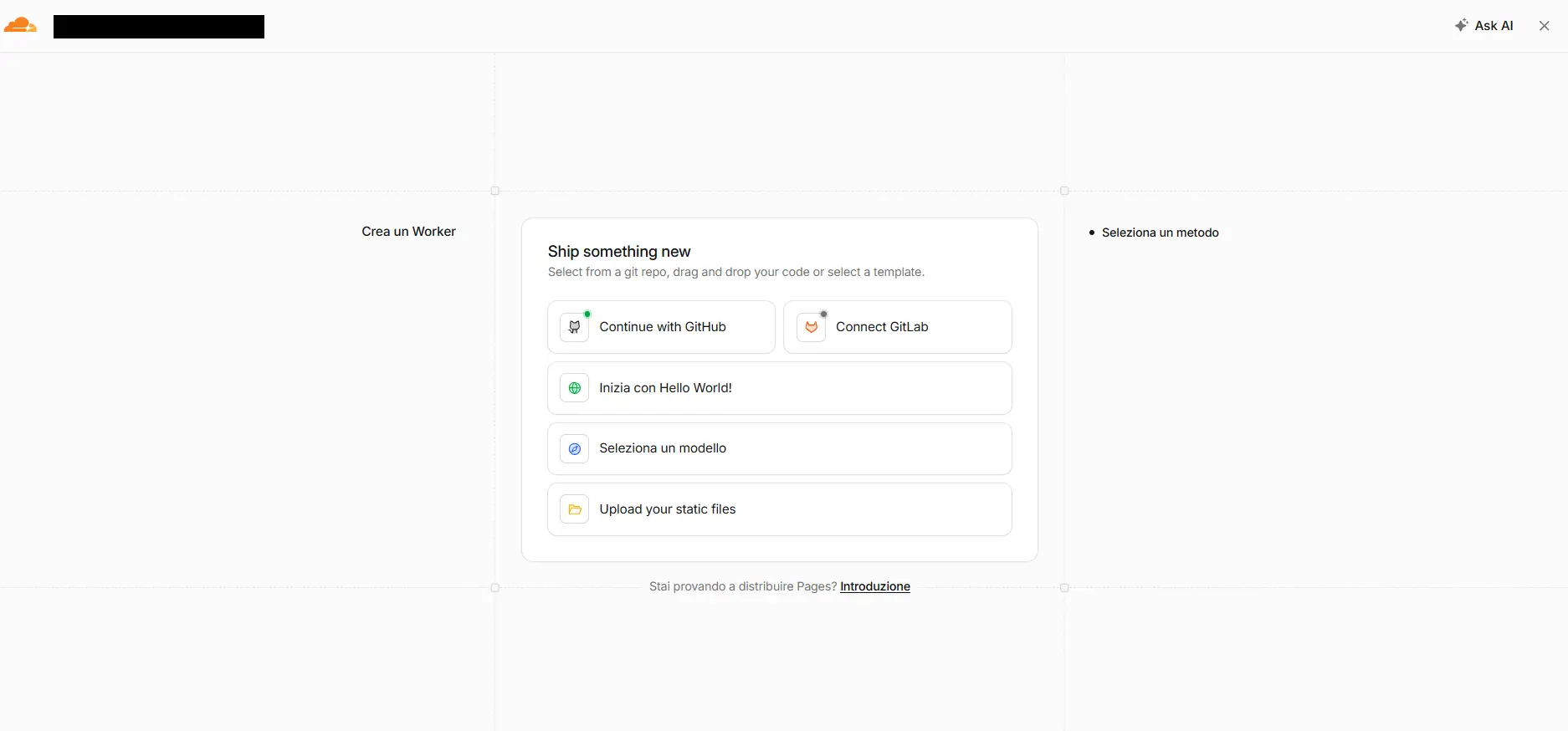 The "Create a Worker" screen: choose "Upload your static files" to upload the folder