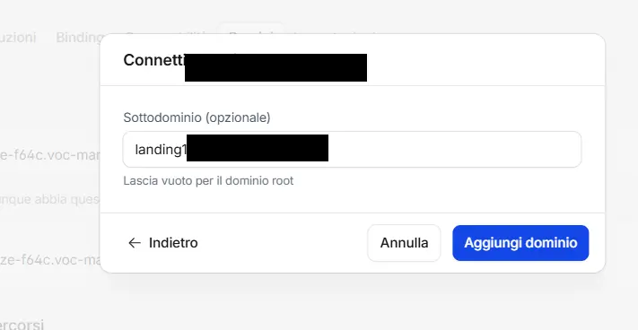 The "Subdomain" field: type the subdomain (e.g. landing1) and click "Add domain"