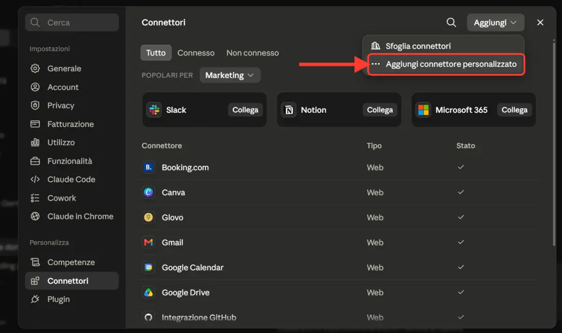 Settings → Connectors on Claude.ai: from the Add menu choose «Add custom connector» (highlighted by the arrow)
