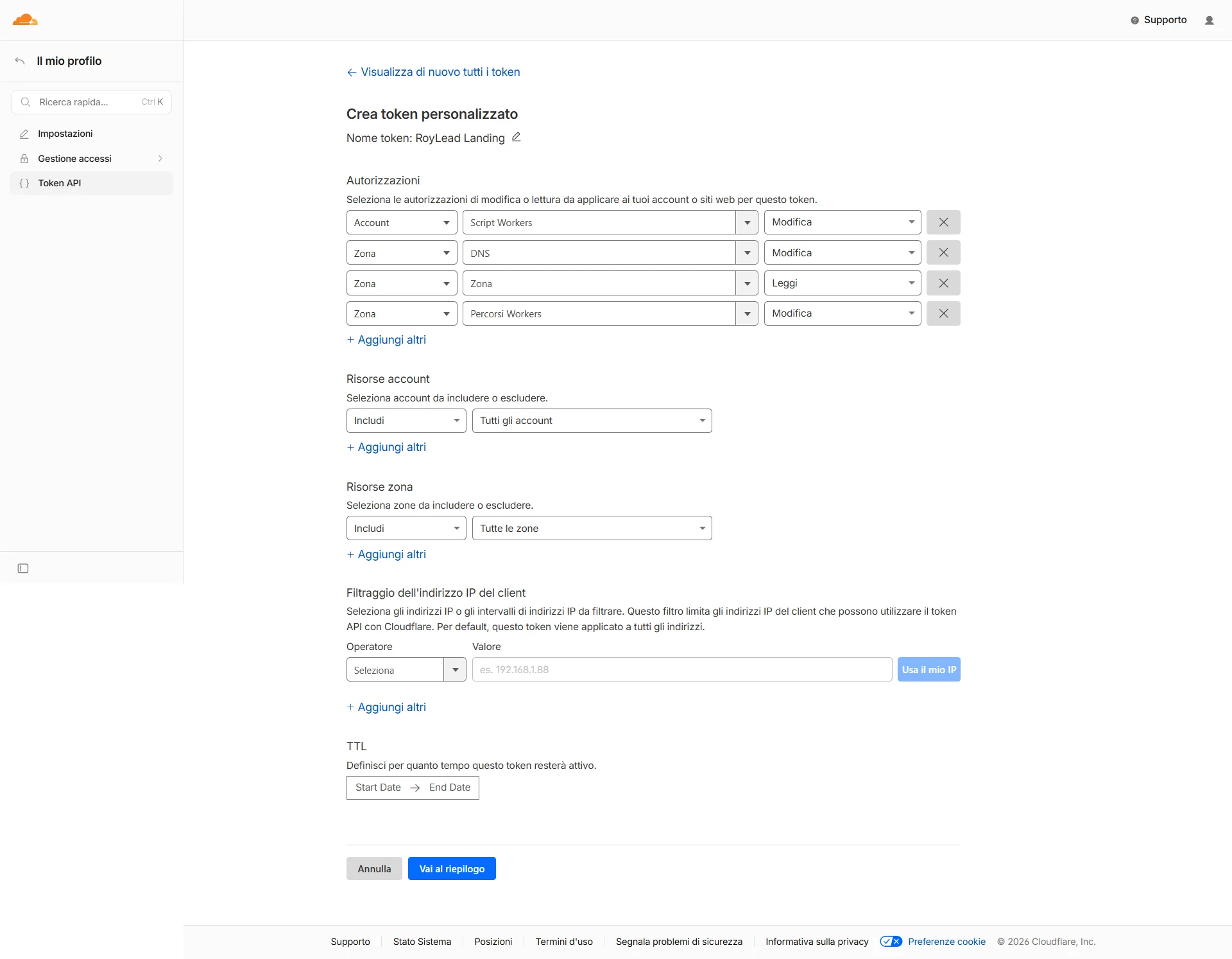 Custom token form with the 4 permissions filled in: Workers Scripts, Workers Routes, DNS, Zone