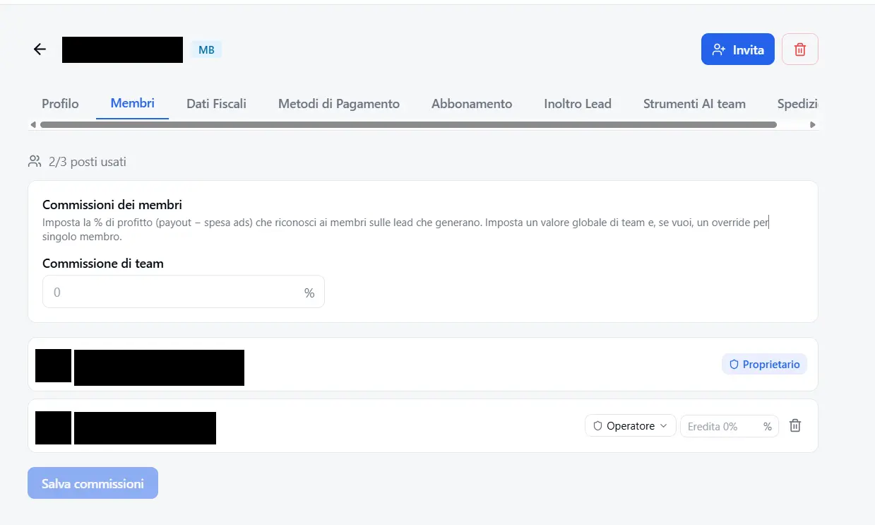 Commissions tab with the team commission field and the per-member overrides