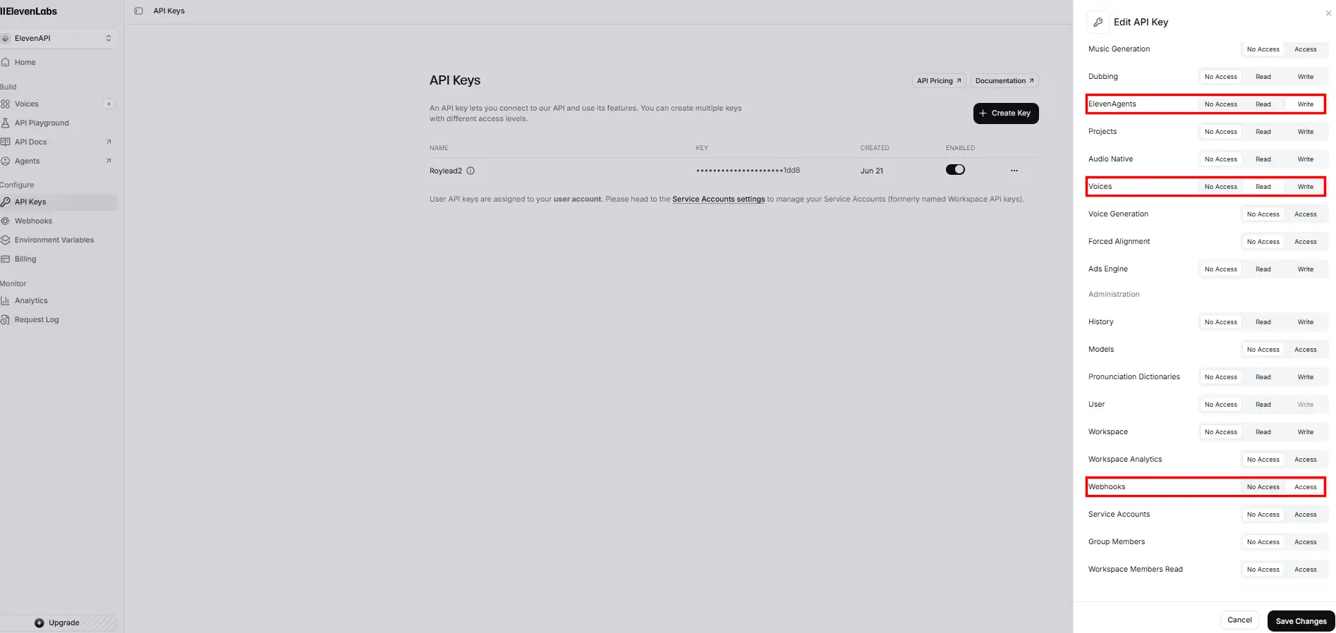 The three permissions to enable on the ElevenLabs API key: ElevenAgents (Write), Voices (Read), Webhooks (Access)