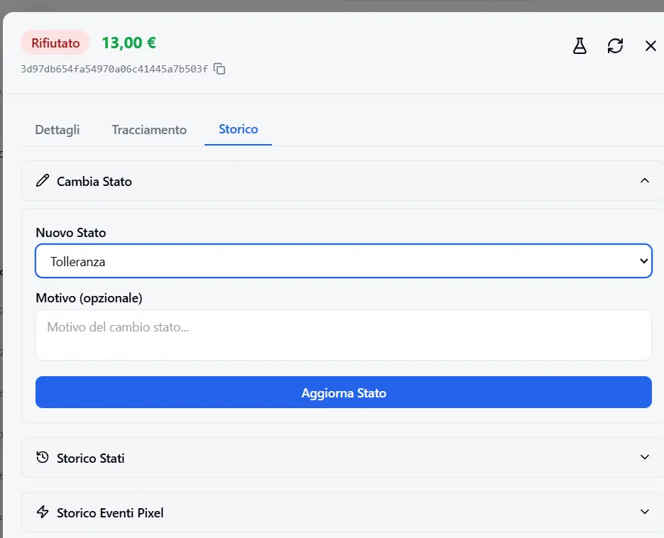 Lead detail, Change Status section with «Tolerance» selected