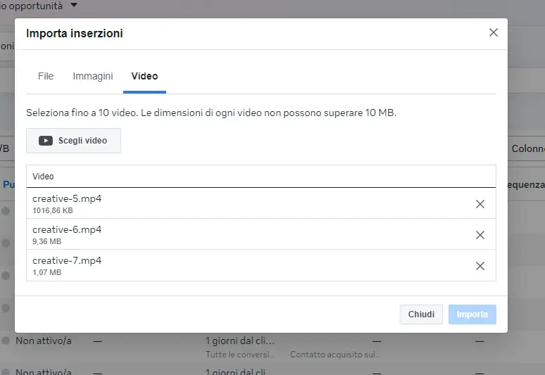 Scheda Video con le creative mp4 caricate