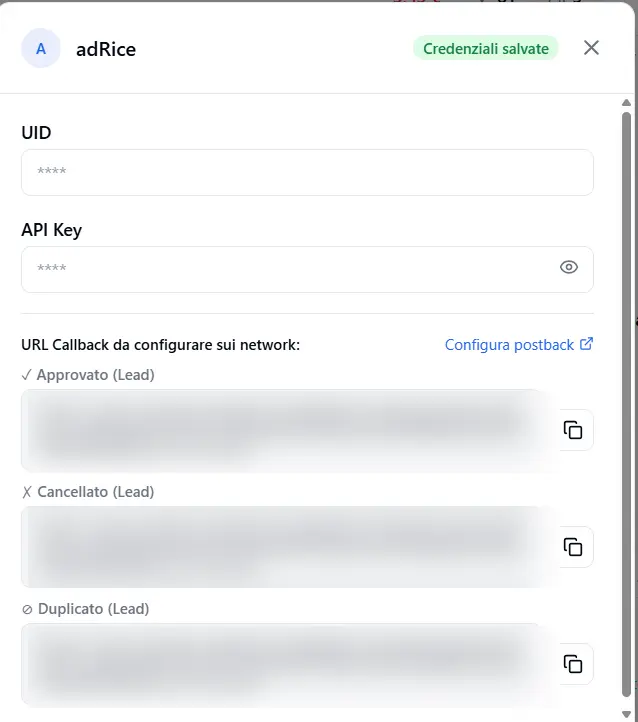 The adRice card: at the top UID and API Key, below the three callback URLs (approved/cancelled/duplicate) to paste in the panel