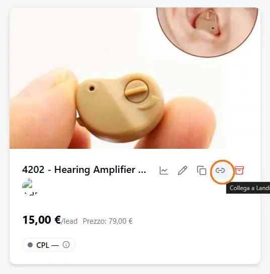 On the offer card, the chain icon «Link to Landing» (highlighted) to tie the offer to your landing pages