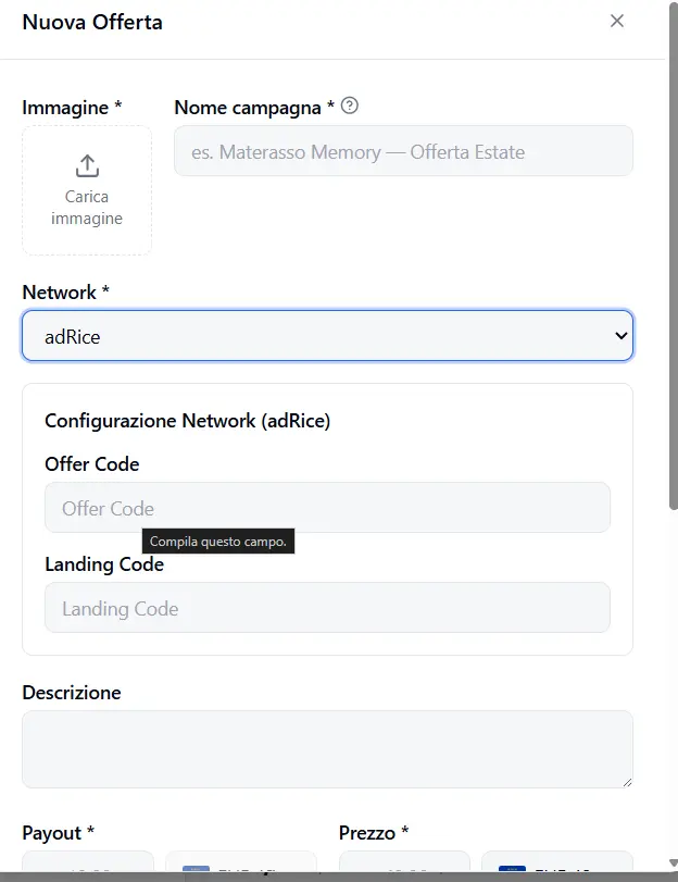 The New Offer form with adRice selected: Offer Code and Landing Code fields
