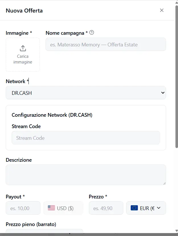 The New Offer form with DR.CASH selected: «Stream Code» field, payout in USD and price in the local currency