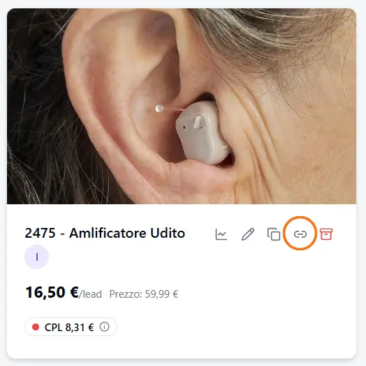 On the offer card, the chain icon «Link to Landing» (highlighted) to tie the offer to your landing pages