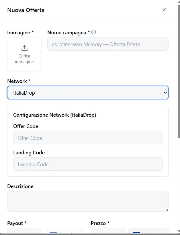 The New Offer form with ItaliaDrop selected: Offer Code and Landing Code fields
