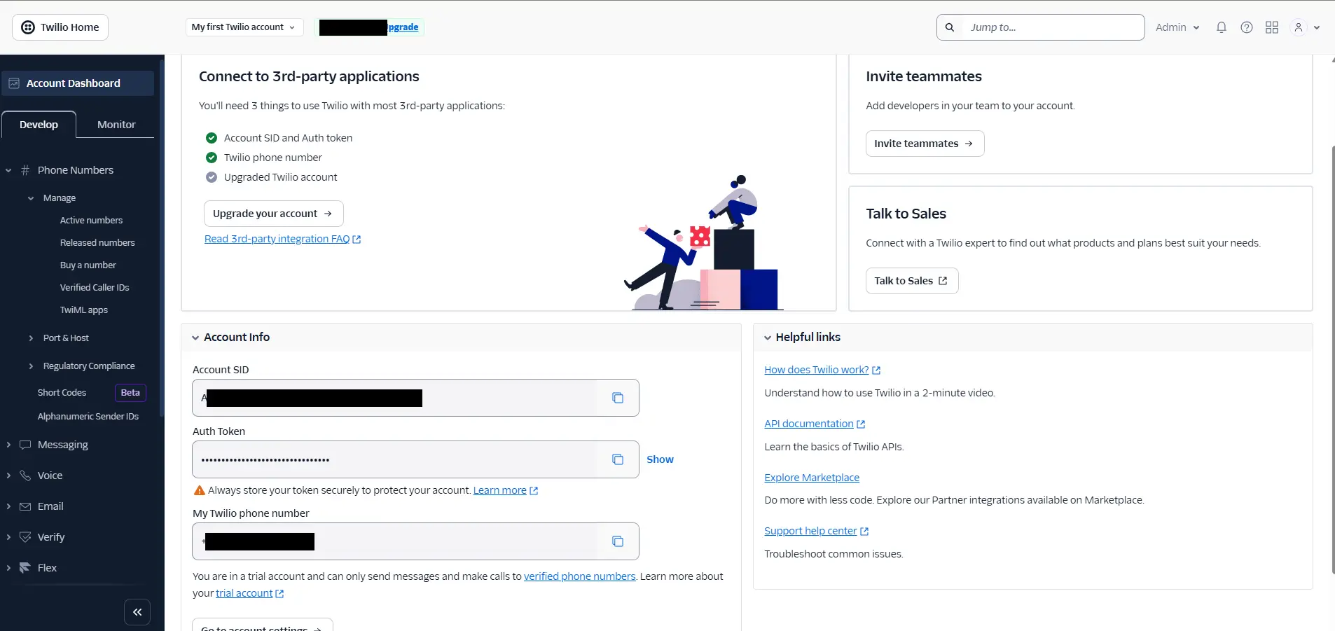 Twilio Account Dashboard: Account SID e Auth Token da copiare in RoyLead