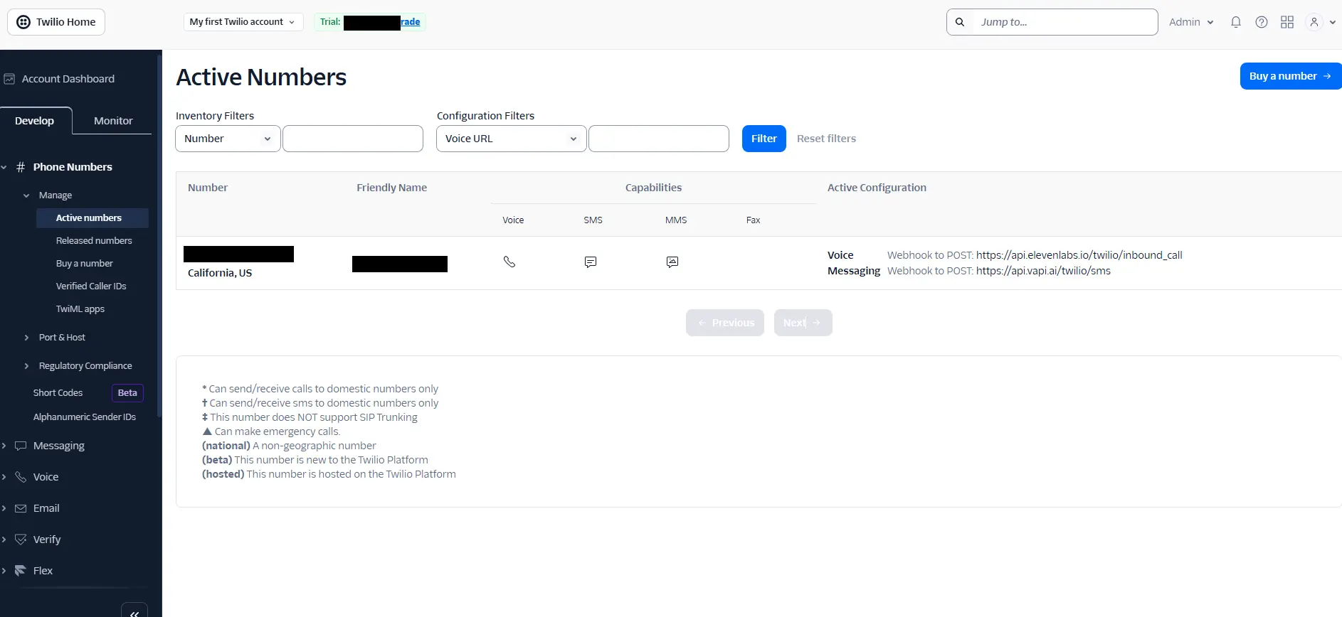 Twilio → Phone Numbers → Active numbers: il numero acquistato con capacità Voice