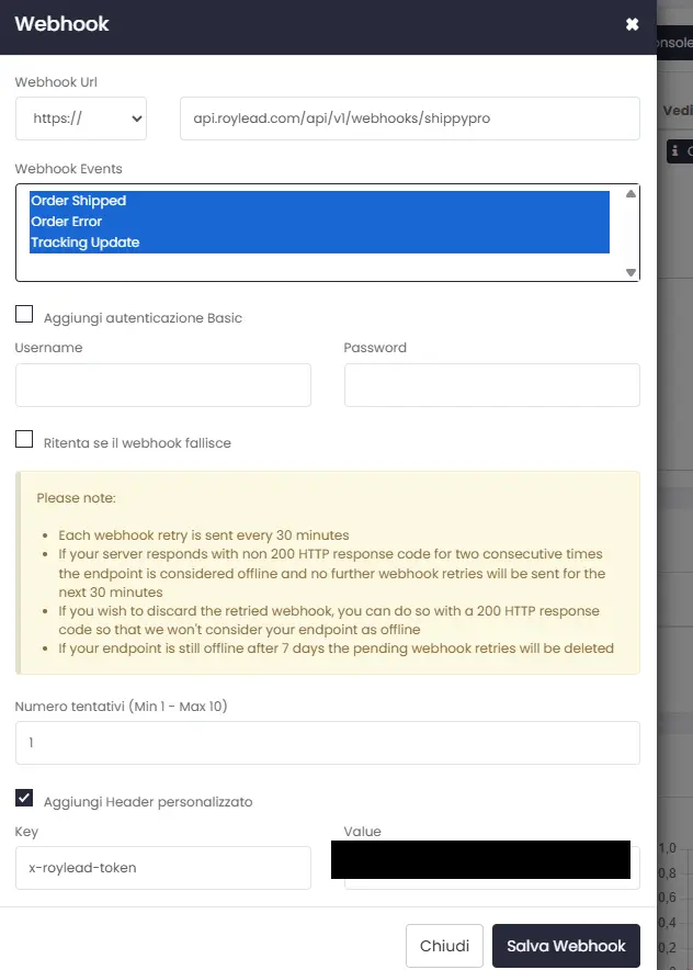 ShippyPro's “Webhook” dialog filled with the RoyLead URL, the Tracking Update event and the custom header (the secret is blacked out)
