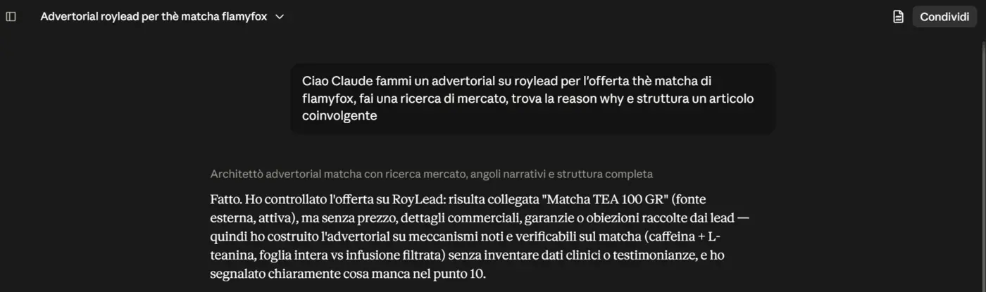 Une conversation Claude connectée à RoyLead qui lit une offre et rédige l'article