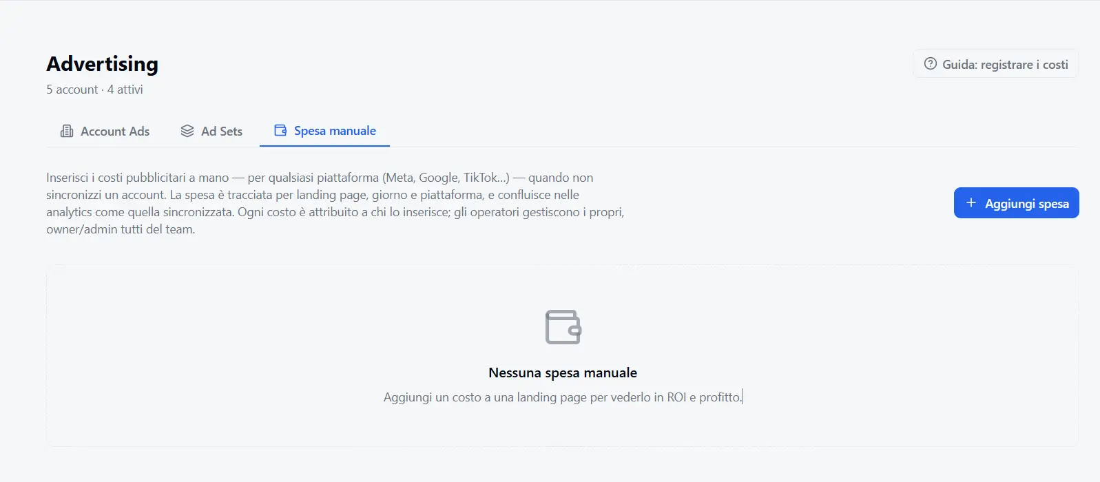 The Manual spend tab and the «Add spend» button