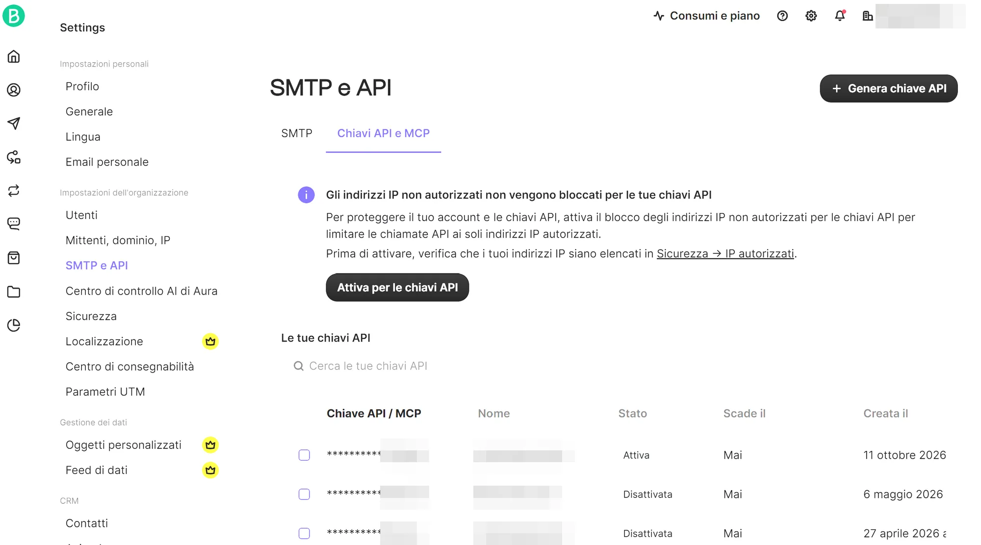 Brevo, Settings → SMTP & API: the Generate API key button