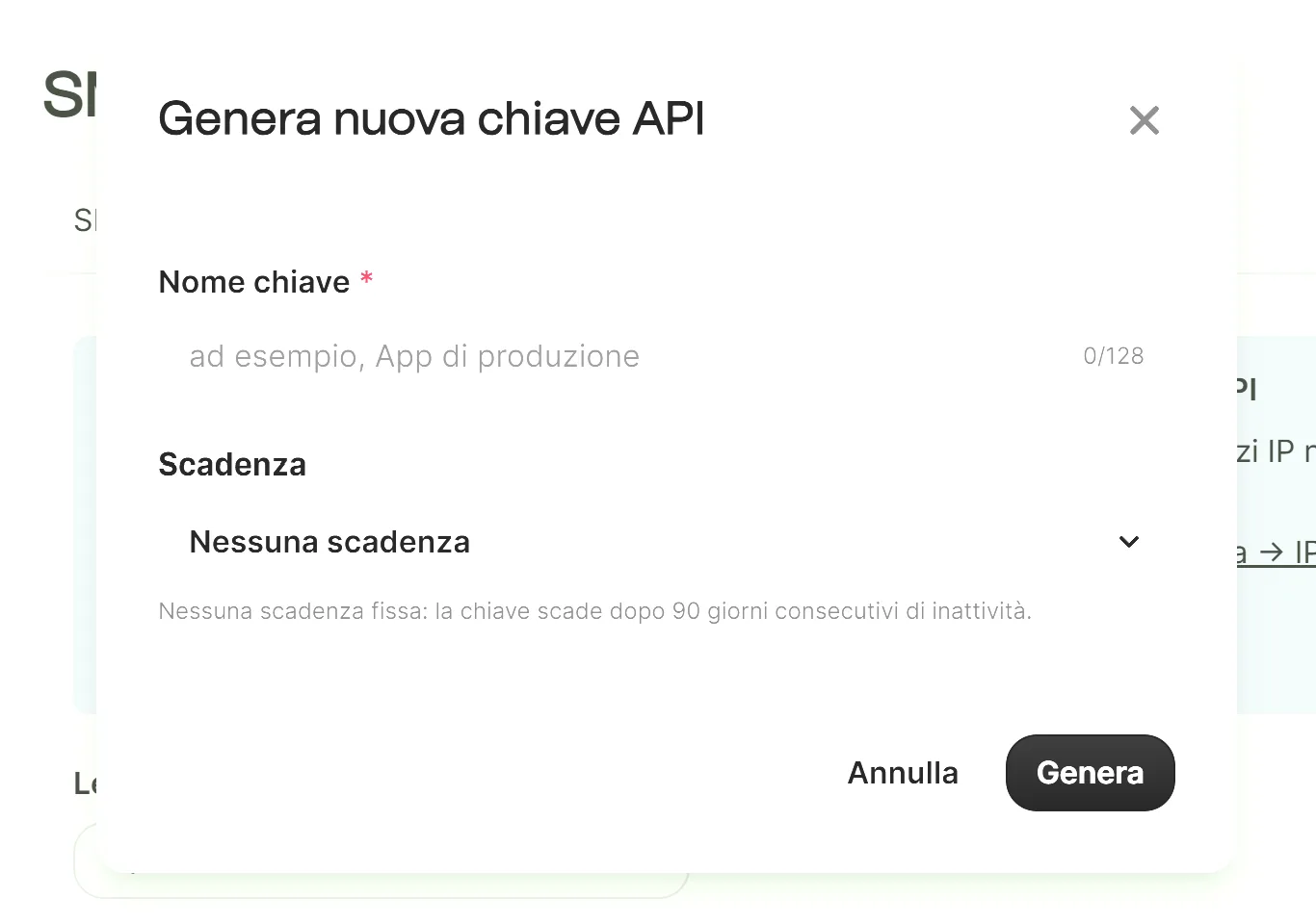 The Generate new API key window: name and expiration