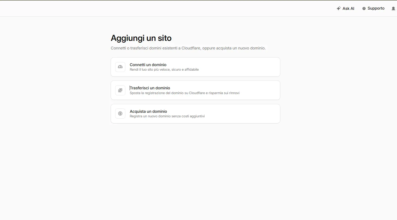Cloudflare's "Add a site" screen: choose "Connect a domain"