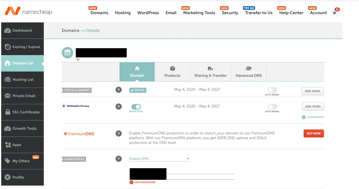 Namecheap panel with the "Custom DNS" option and Cloudflare's two nameservers entered