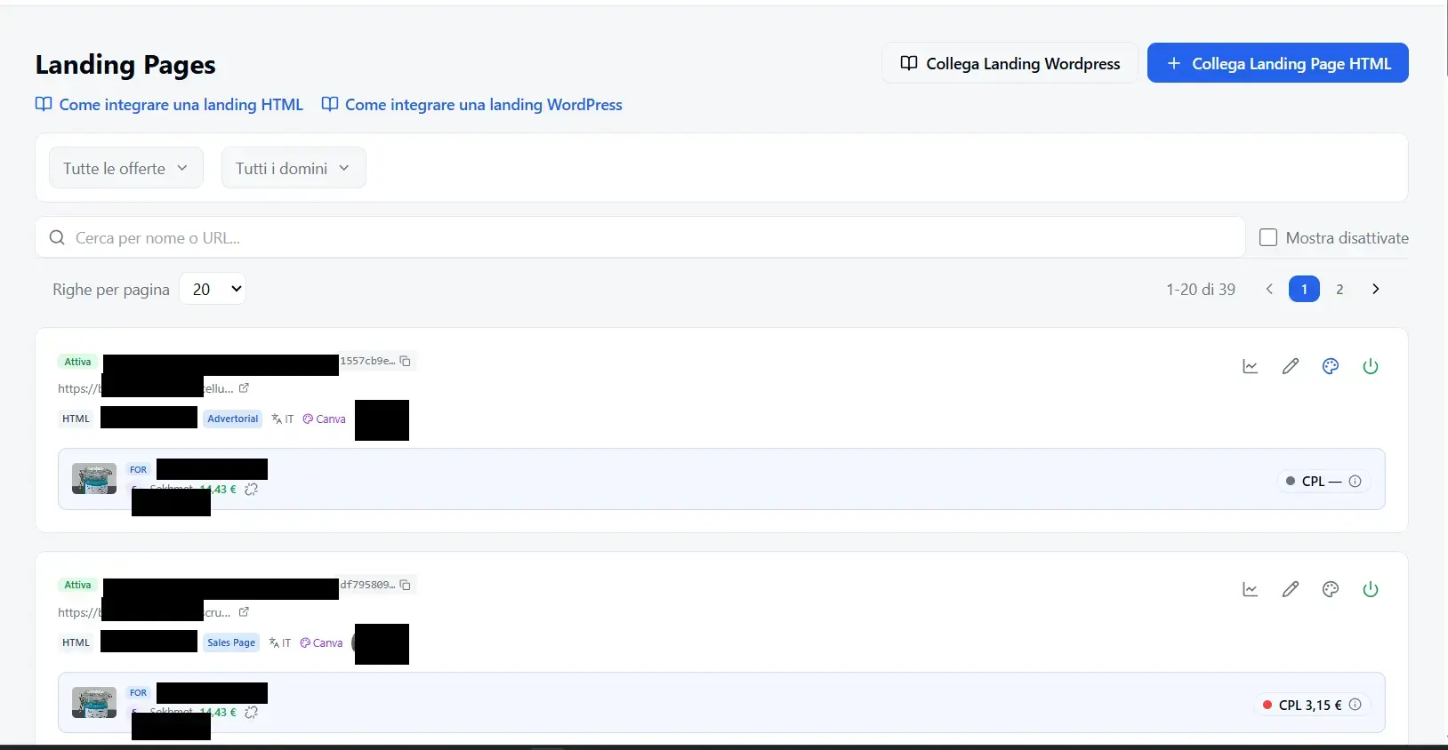 The Landing Pages list: next to each landing page is its ID with a copy icon