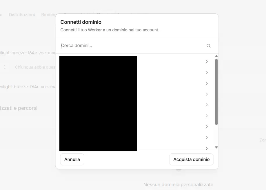 The "Connect domain" window: choose your domain from the list