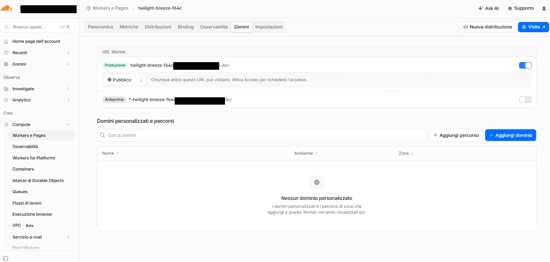 The Worker's "Domains" tab: at the bottom "Add domain" to connect your domain