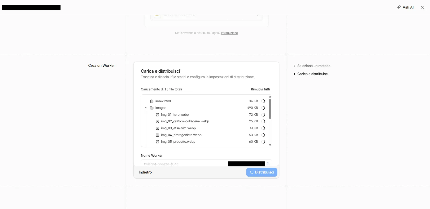 The list of uploaded files and the pre-filled "Worker name" field, ready to deploy