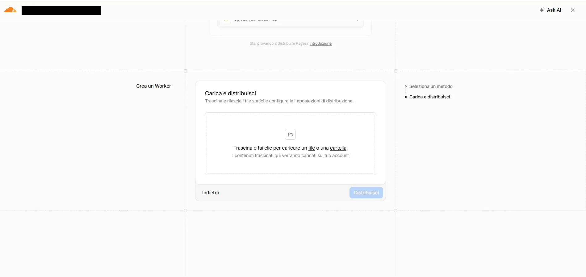 The "Upload and deploy" screen: drag or select the landing page folder