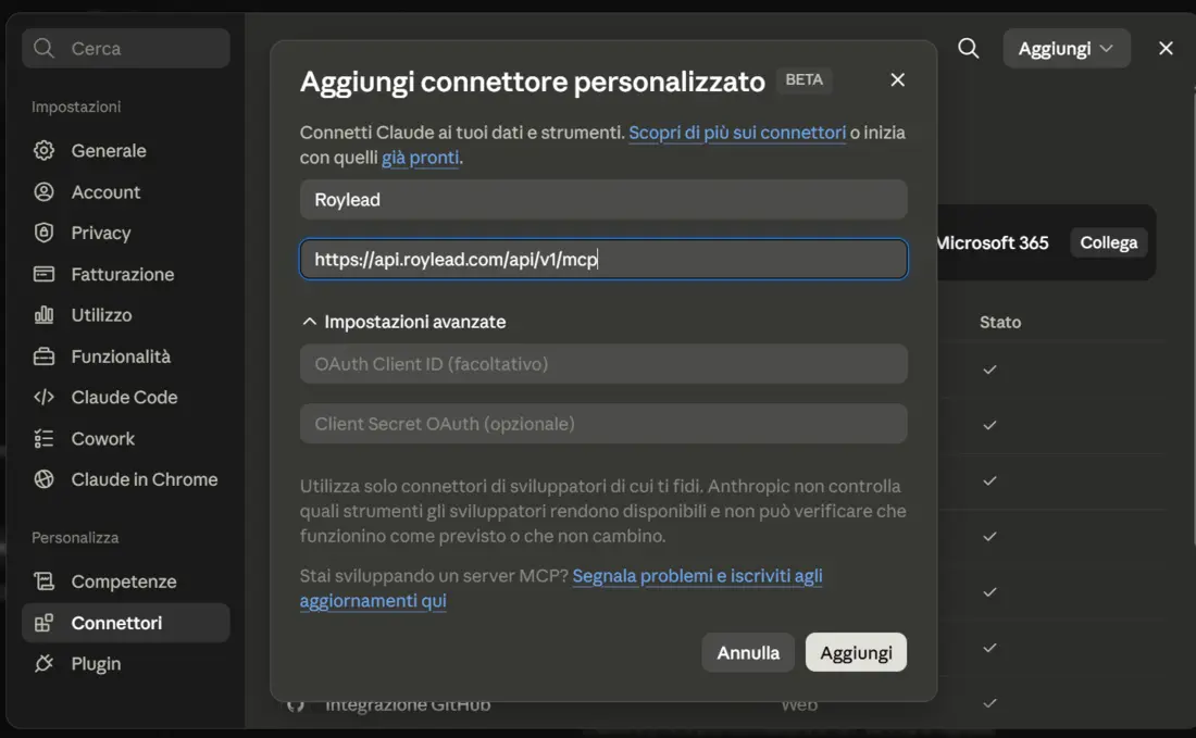 The «Add custom connector» dialog: any name you like (e.g. RoyLead) and the MCP server URL in the second field; advanced settings stay empty