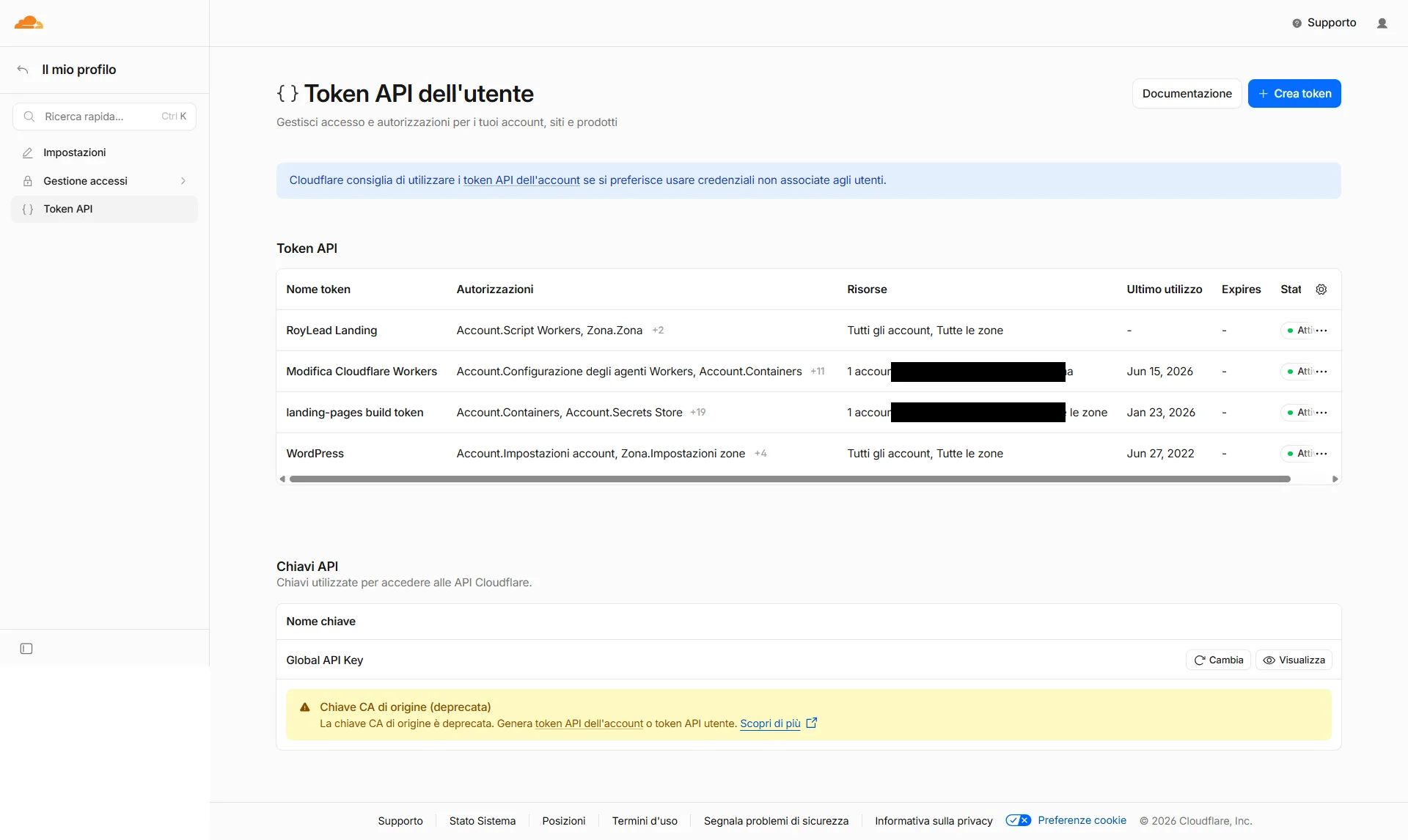User API Tokens list with the "Create Token" button top-right