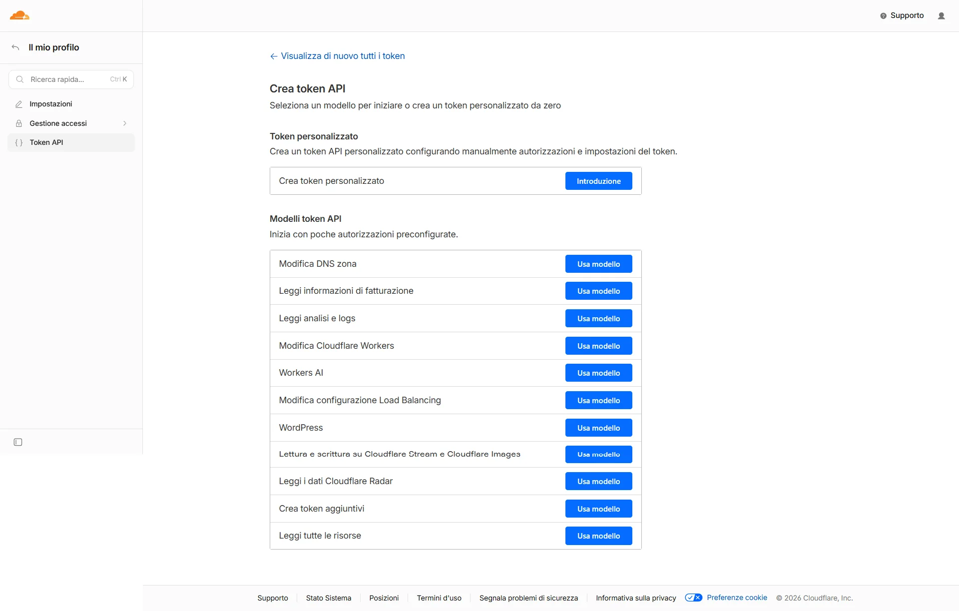 Create API Token page: choose "Create Custom Token"