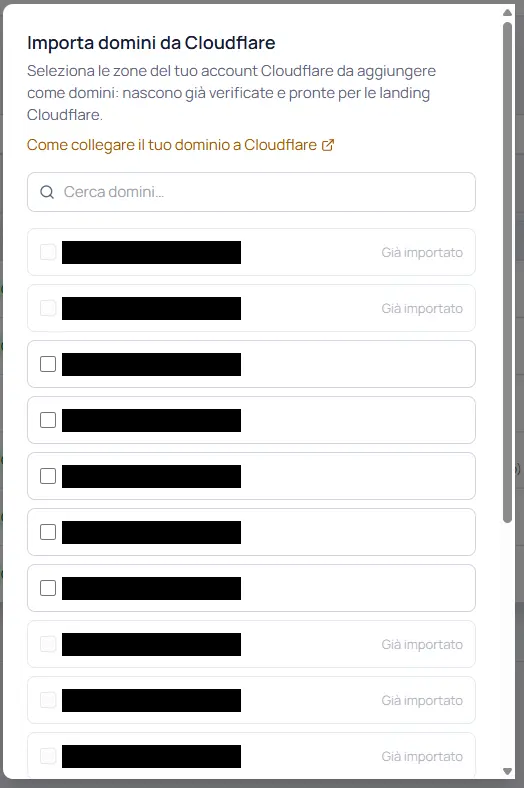 Dialogul de import: zonele din contul tău Cloudflare, cu gri cele deja în RoyLead