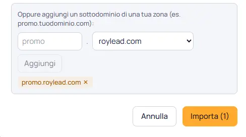 Caseta subdomeniului din partea de jos a dialogului, cu prefixul, zona și subdomeniul gata de importat