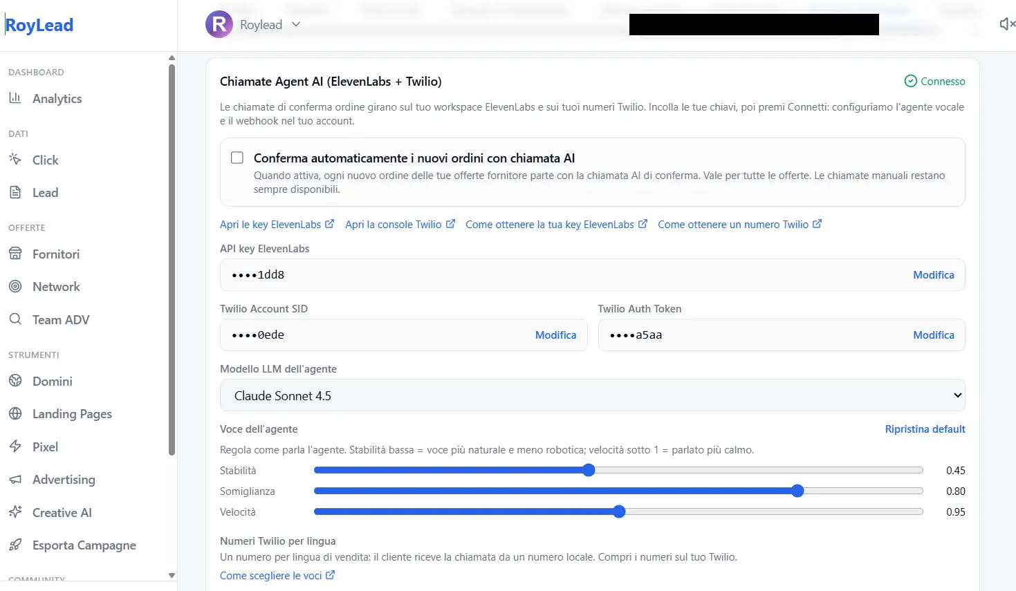 Settings → AI Tools → Agent AI: ElevenLabs/Twilio keys, model and numbers+voices per language