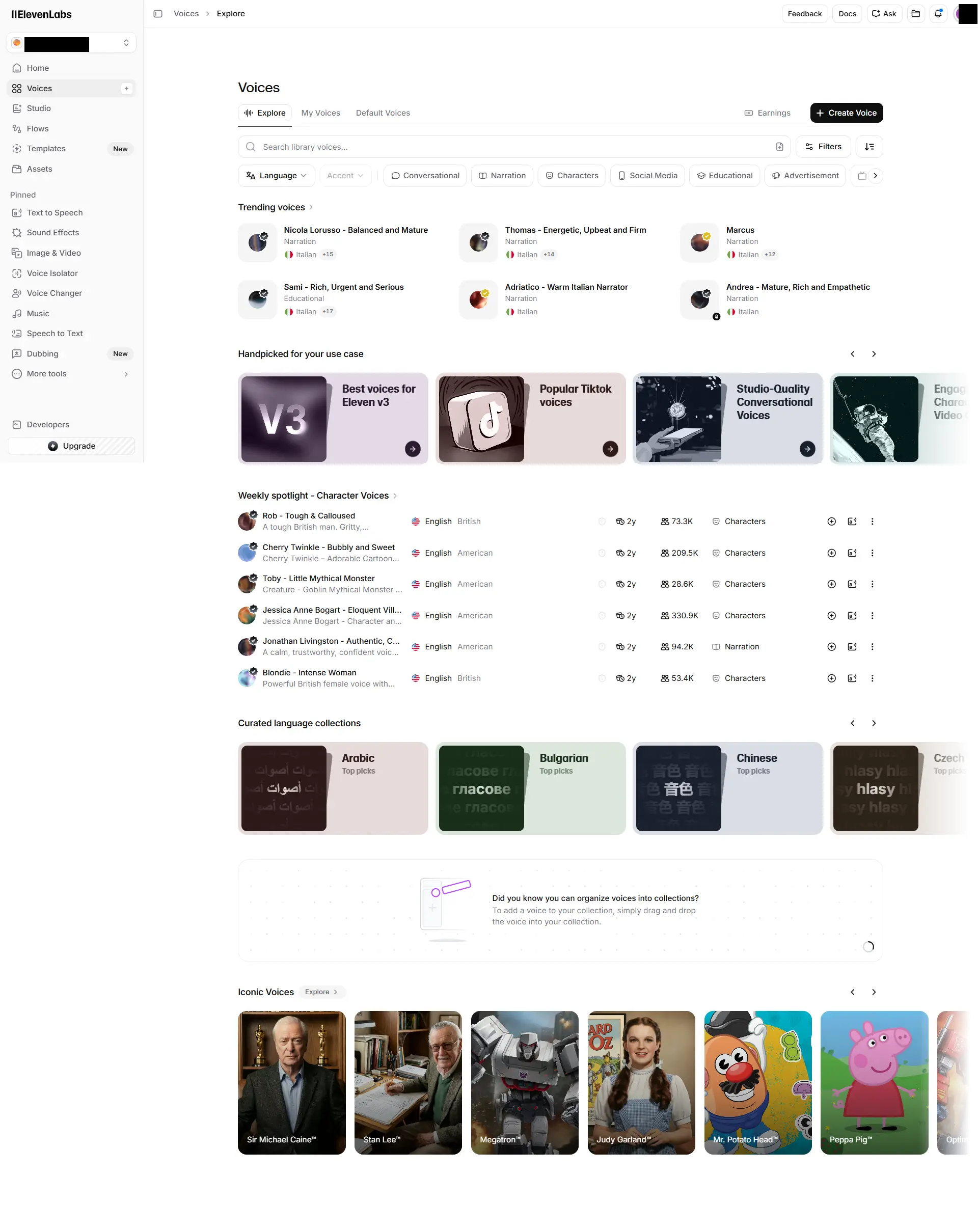 ElevenLabs → Voices → Explore: the voice library to «Add to My Voices» from