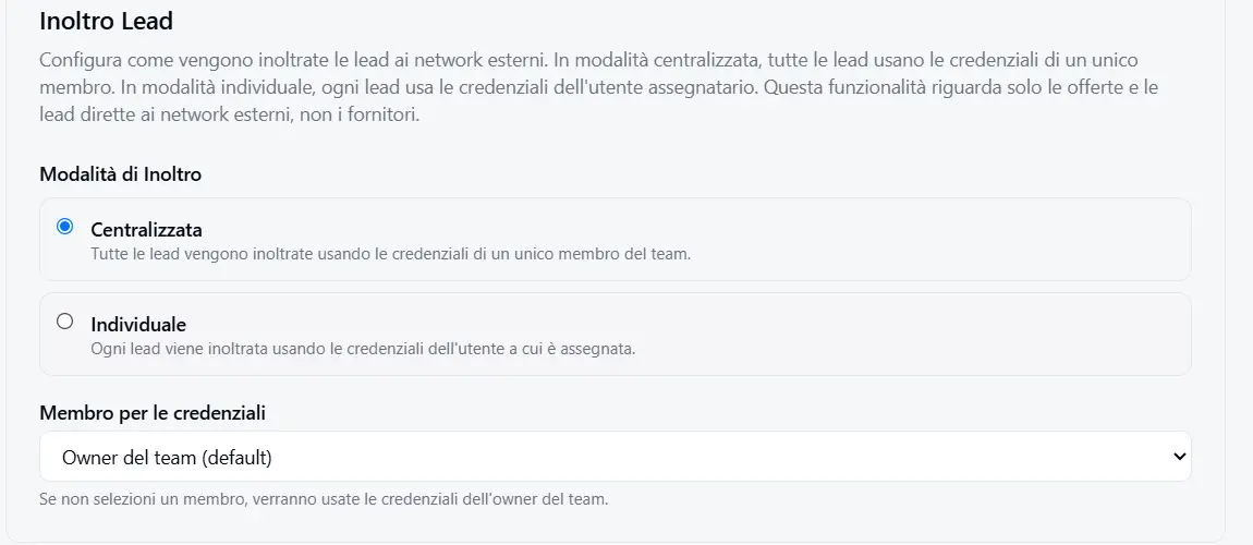 Lead Forwarding tab with the choice between Centralized and Individual mode and the «Member for credentials» dropdown