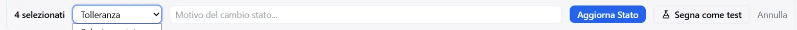 «N selected» bar with the status menu on «Tolerance» and the Update Status button