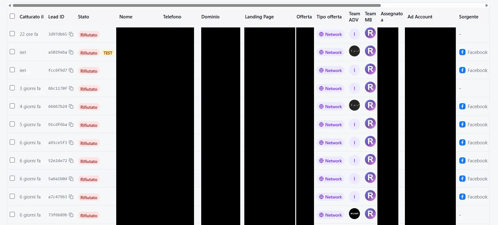 Status filter set to «Rejected» in the Leads list