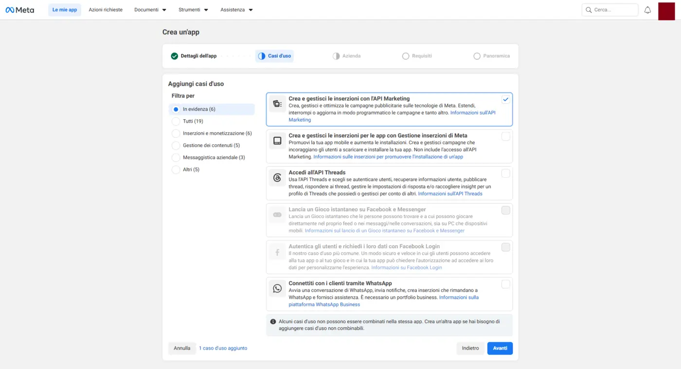 Selecting the "Create and manage ads with the Marketing API" use case