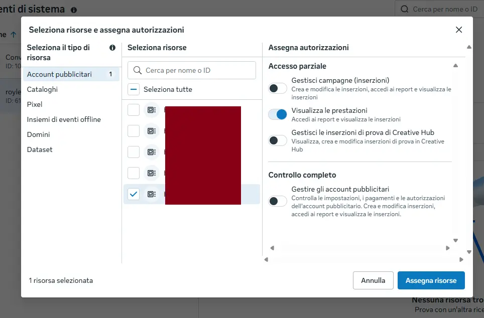 Assigning the ad account with the "View performance" permission