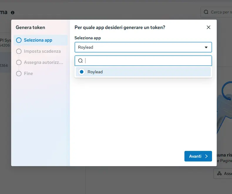 The "Generate token" window โ selecting the app