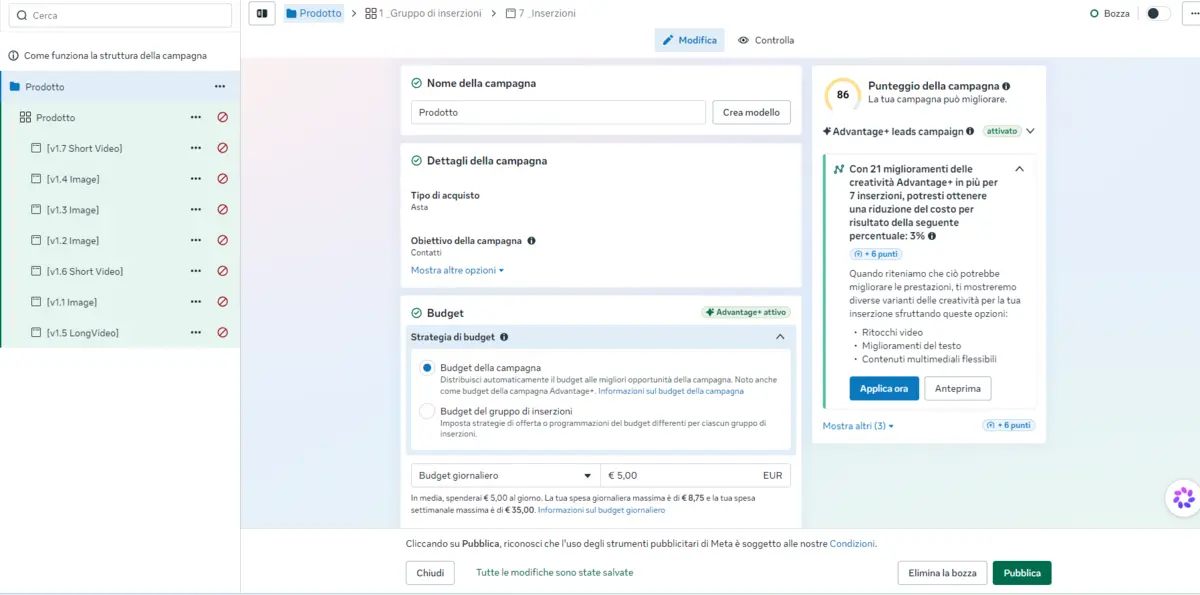 Meta campaign editor with the ready draft, imported ads and the Publish button