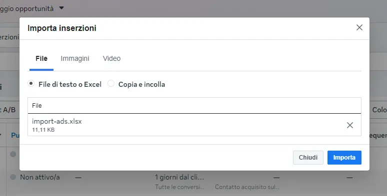 File tab with import-ads.xlsx uploaded and the Import button