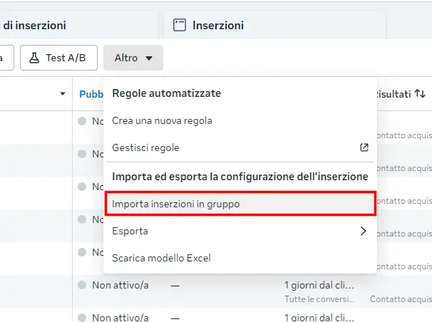 Ads Manager More menu with "Import ads in bulk" highlighted