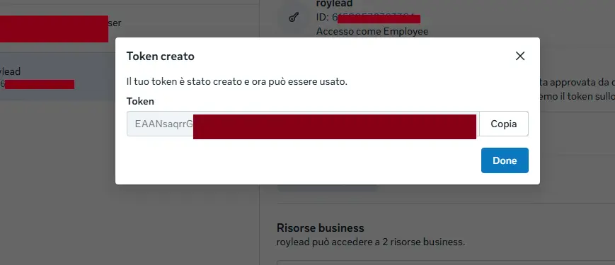 The "Token created" window โ copy the token