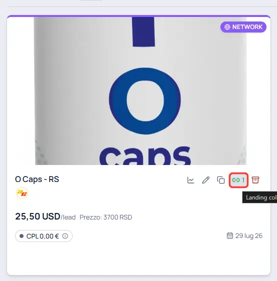 On the offer card, the chain icon with the number of linked landing pages